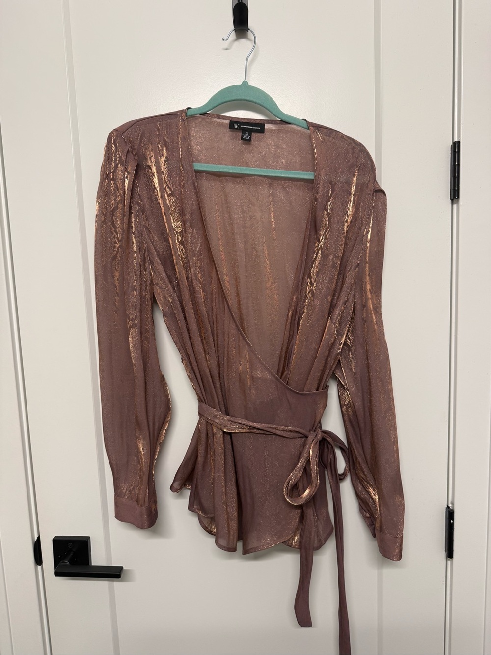 INC International Concepts Metallic Rose Gold Wrap Top
